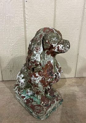 Early Concrete Dog in Old Paint. 17in tall.
