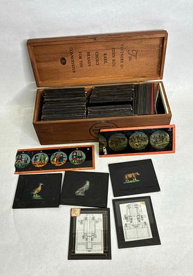 Collection of 65 Magic Lantern glass slides. All are stored in an Eden Roc Brandy Box. Slides 