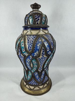 Fancy Antique Moroccan Ceramic Lidded Urn. Adorned With fancy handcrafted filligree 