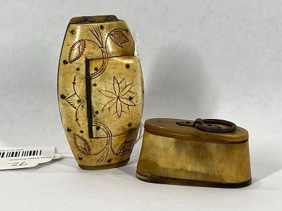 Decorated Civil War Horn Snuff Boxes. Both pieces are made of a horn or bone type material, hand 