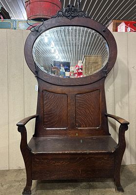Early Victorian Quartersawn Oak Hall Bench. Bench with storage box. Comes with an oval beveled 