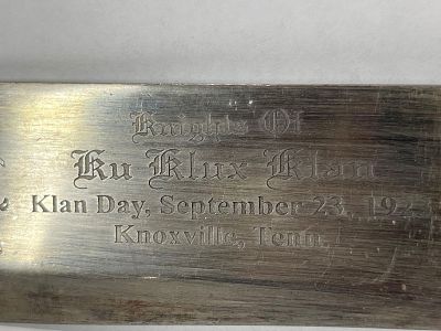 1923 Knights of Klan Bowie Knife. Kabar stamped, with wooded handle and inscribed blade. See 