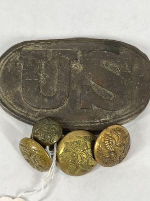 Brass Civil War Buttons & Puppy Paw Style US Buckle. Belt buckle model 1839, 3.5x2. 5 civil war 