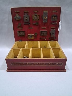 Eagle Lock Co wooden display parts box. With great early original paint and graphics! Box is 