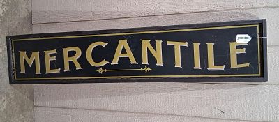 Mercantile wooden sign. Newer 1-sided painted wooden sign with a nice primitive look! 12.5in x 61in.