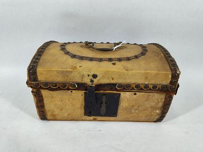 Hide covered domebox w/wallpaper lining. Small early hide covered box, shows some condition in 
