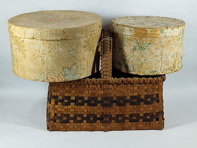 Primitive woven basket & 2 Wallpaper covered boxes. Basket with a few imperfections and is 