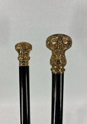 2- Victorian Gold Filled Etched Canes/Walking Sticks. With ornate Victorian tops, larger knob 