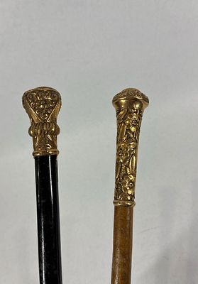 2- Victorian Gold Filled Canes/Walking Sticks. With ornate gold filled tops and one is etched To 