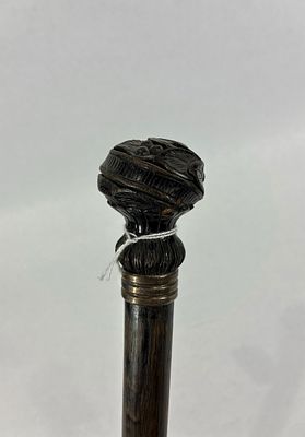 Early wood carved Cane/Walking Stick with Silver band. Marked 925 on band. 36.5in long.