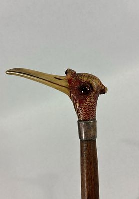 Early carved Antler Bird Head Cane w/ Sterling band. Excellent early carved bird head from 