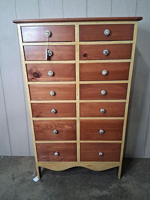 Painted 14-drawer cabinet. Pine cabinet With crackled paint. 31in wide 12in deep 51in tall.