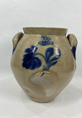 D. Fisk decorated ovoid 2gal stoneware jar. With spidering hairlines and a few chips on rim. 