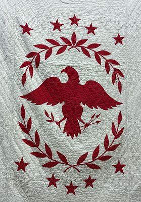 1920s Patriotic Red and White Star and Eagle Hand Stitched Quilt. Very clean with minimum 