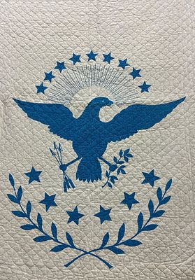 1920s Patriotic Blue and White Star and Eagle Hand Stitched Quilt. This early quilt is in good 