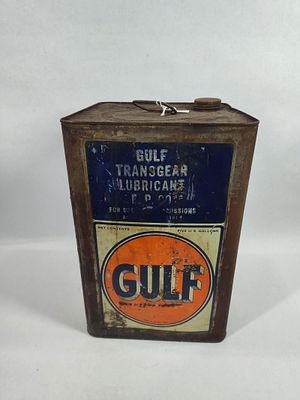 Gulf Oil Corp 5gal can. Shows soiling and some denting, overall is fairly straight.