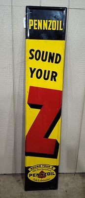 SST Pennzoil Sound Your Z self-framed sign. 1-sided self-framed painted metal sign with some 