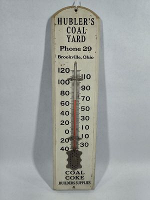 Hubler's Coal Yard wooden thermometer. Early wooden thermometer with a few areas of paint 
