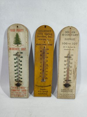 3- Early wooden thermometers. Pine Tree merc strip is not functioning. All are similar in size 