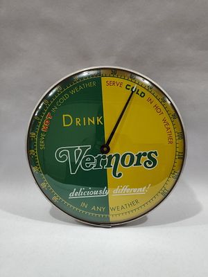 Drink Vernors In Any Weather thermometer. Back shows some corrosion but overall is in good clean 