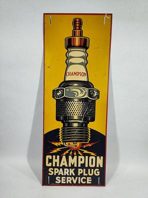 SST Champion Spark Plug Service sign. Great colorful 1-sided painted tin sign that shows a few 