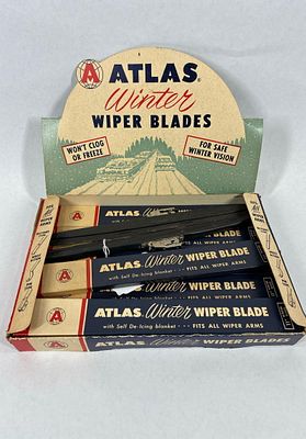 1960s Atlas Winter Wiper Blades and Display. Cardboard display is severed in left rear corner 