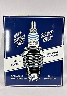 SSP Blue Crown Spark Plugs sign. 1-sided porcelain sign. Grommets appear to have some age but 