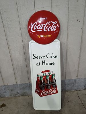 SST Coca-Cola 6-pack pilaster sign. 1-sided painted metal sign with minor scuffing but overall 
