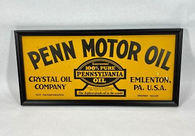 Penn Motor Oil framed cardboard sign. Excellent condition!! 10in x 21in framed.