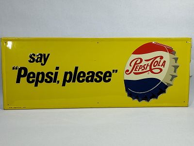 SST Pepsi-Cola say "Pepsi, please" embossed sign. 1-sided painted tin self-framed and embossed 