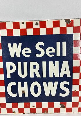 DSP We Sell Purina Chows checkerboard flange sign. 2-sided porcelain flange sign said to be from 