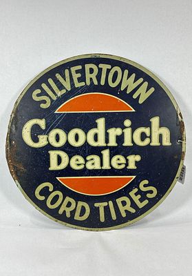 1930s DST Goodrich Dealer Silvertown Cord Tires sign. 2-sided painted metal. This was originally 