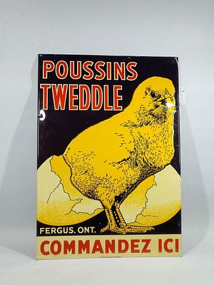 SST Poussins Tweddle sign. 1-sided painted tin French Canadian sign with rolled over edges. 