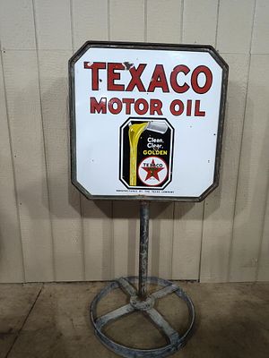 DSP Texaco Motor Oil curb sign. 2-sided porcelain sign that shows some scuffing and a few small 