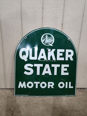 DST Quaker State Tombstone sign. 2-sided painted metal sign with some scuffing and scratches 