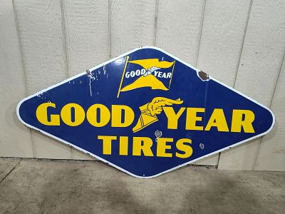DSP Goodyear Tires sign. 2-sided porcelain sign with some chipping to both sides and also shows 