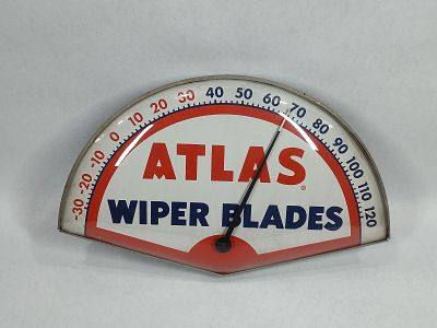 Atlas Wiper Blades metal thermometer. Great condition! 9in x 15in.