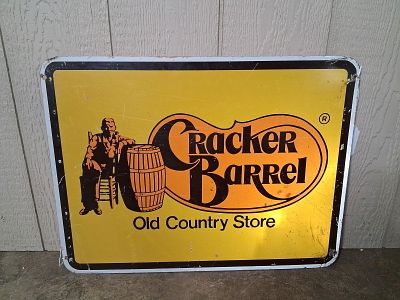 DS Alum Cracker Barrel sign. 2-sided painted aluminum reflective sign with some scuffing but a 