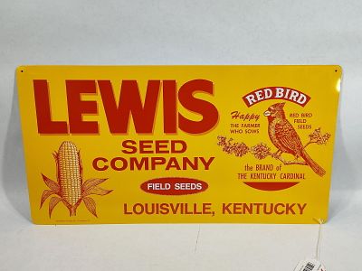 NOS SST Lewis Seed Company sign. New old stock 1-sided painted tin sign with rice paper. 