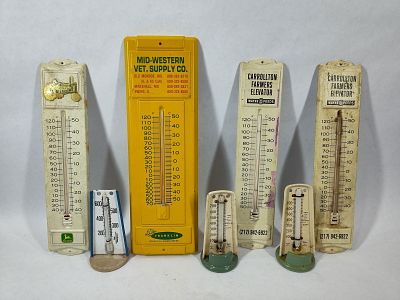 Lot of 7- Various Thermometers. Includes a John Deere, 2 Wayne Feeds, all 3 are similar in size 