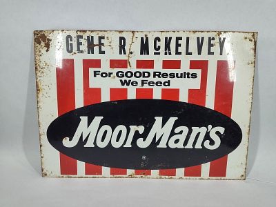 SST MoorMan's Feed sign. 1-sided painted tin sign with corrosion spotting and a few wrinkles. 