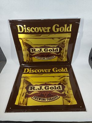 2- SS Alum R.J.Gold Chewing Tobacco signs. These are 1-sided painted aluminum embossed and 