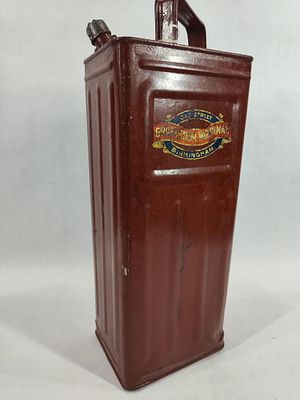 Grosvenor Workman 2gal fuel can. Has been soldered around brass spigot and older repaint. 