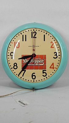 Nice General Electric Dr. Pepper clock. Painted metal Art Deco electric clock in good clean 