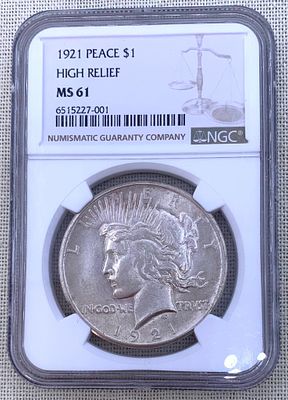 NGC Graded 1921 Silver Peace Dollar High Relief Key Date Sealed Coin. Sealed in the Numismatic 