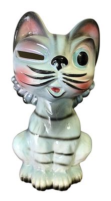 Whimsical Mid Century JAPAN Winking Cat Ceramic Coin Bank. JAPAN stamp on base, rubber stopper 