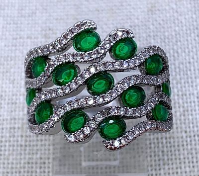 Radiant Sterling Silver, Created Emeralds & Sparkling CZ Cocktail Ring. Outstanding sparkle and 