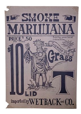 Vintage Rolly Crump Indian Chief Smoke Marijuana Superior Pot Advertising Doper Poster Handbill. 