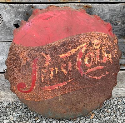 Large Vintage Embossed Metal Pepsi Cola Soda Pop Advertising Bottle Cap Button Sign. 37" x 38" x 