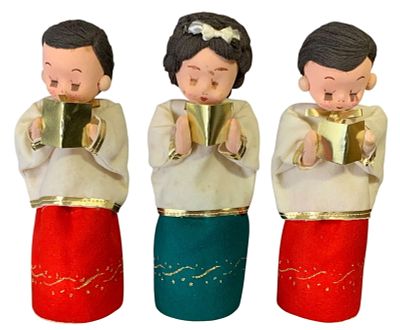 Three Mid Century JAPAN Stocking Face Choir Boys & Girl Christmas Decorations. Each approx. 9 